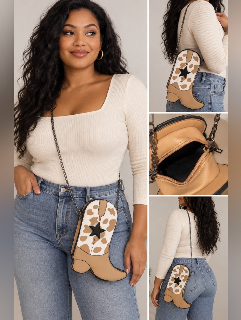 🌺 2/$30 Leather-Look Beige Novelty Crossbody Bag with Chain Strap
